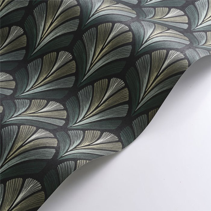 Casadeco|Papier peint art déco vert et géométrique avec formes de feuilles de palmier|Papier Peint