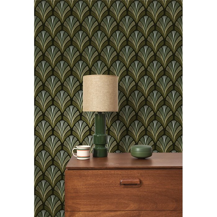 Casadeco|Art Deco wallpaper with elegant floral pattern and green color|Wallpaper