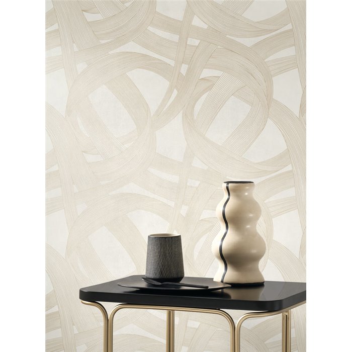 Papel pintado moderno blanco con espirales abstractas color beige - Casadeco Annees Folles 201060287