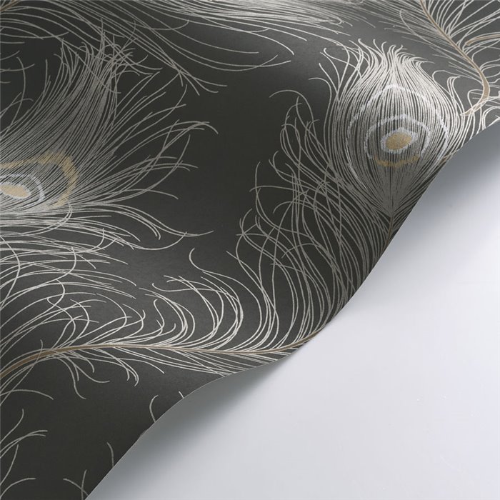 Casadeco|Elegant black peacock feather wallpaper with shine|Wallpaper