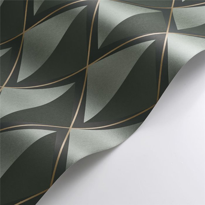 Casadeco|Papel pintado estilo inglés verde con rombos metalizados 3D|Rombos
