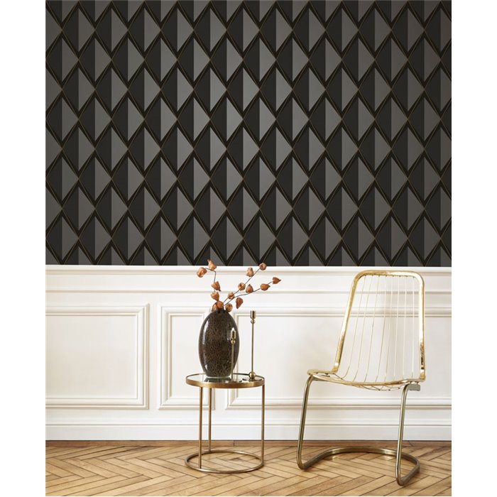Casadeco|Papel pintado geométrico 3D estilo moderno con rombos negros brillo y mate|Rombos