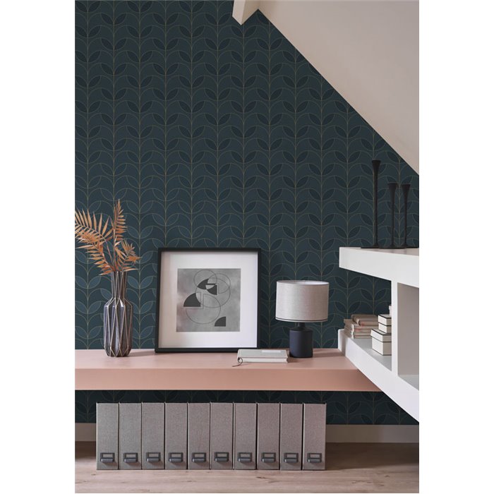 Casadeco|Papel pintado art deco negro con elegantes pétalos dorados|Papel Pintado