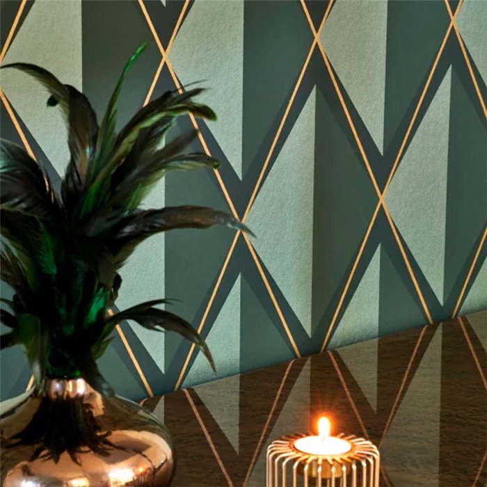 Casadeco|Green English-style wallpaper with metallic 3D rhombuses|Rhombus