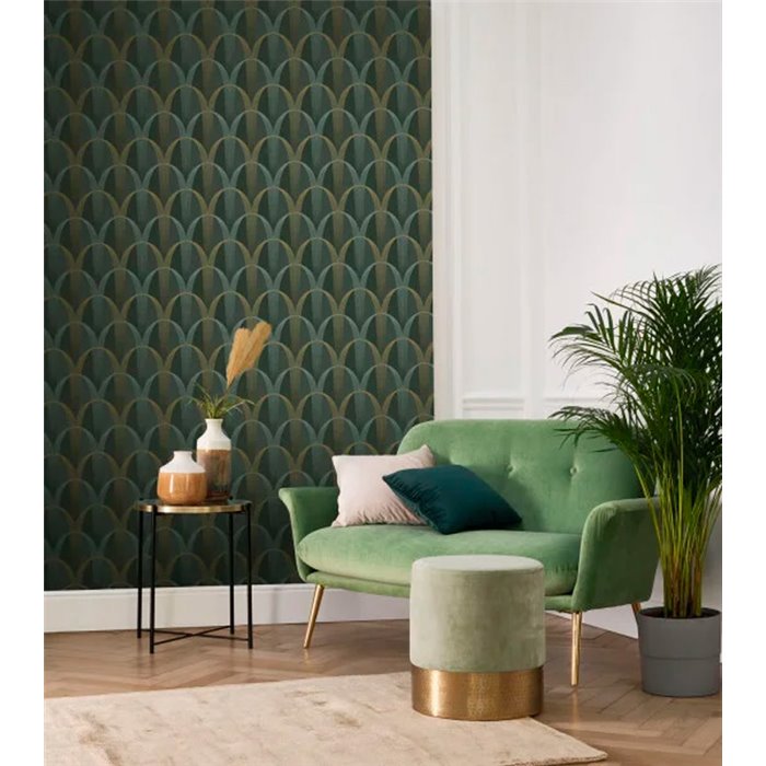 Casadeco|Grüne Art-Déco-Tapete, ideal für Geschäftsräume und Hotels|Tapeten