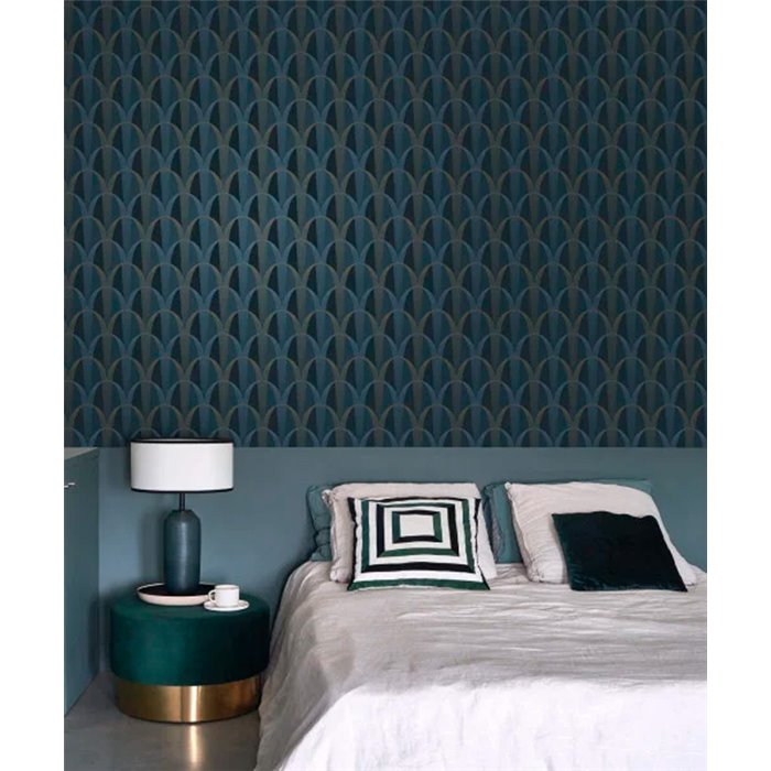 Casadeco|Papel pintado art deco azul formas entrelazadas ideal para dormitorio|Papel Pintado