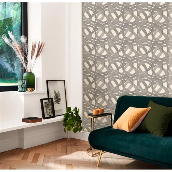 Casadeco|Papier peint salon moderne avec spirales style abstrait beige et noir|Moderne