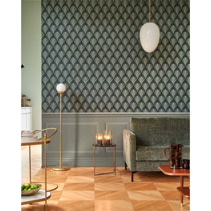 Casadeco|Green and geometric Art Deco wallpaper with palm leaf shapes|Wallpaper