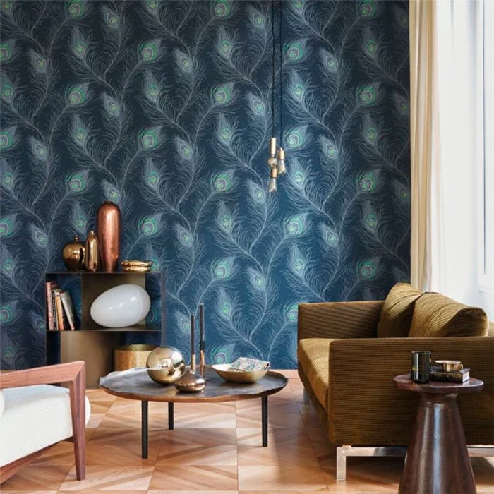 Casadeco|Weiße Art-Déco-Tapete mit eleganten Pfauenfedern|Tapeten