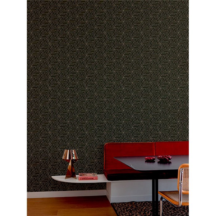 Papel pintado geométrico hexágonos 3D negro y dorado - Grandeco Omura A67302