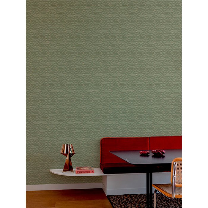 Grandeco|Geometric hexagons 3D green and gold wallpaper|3D Effect