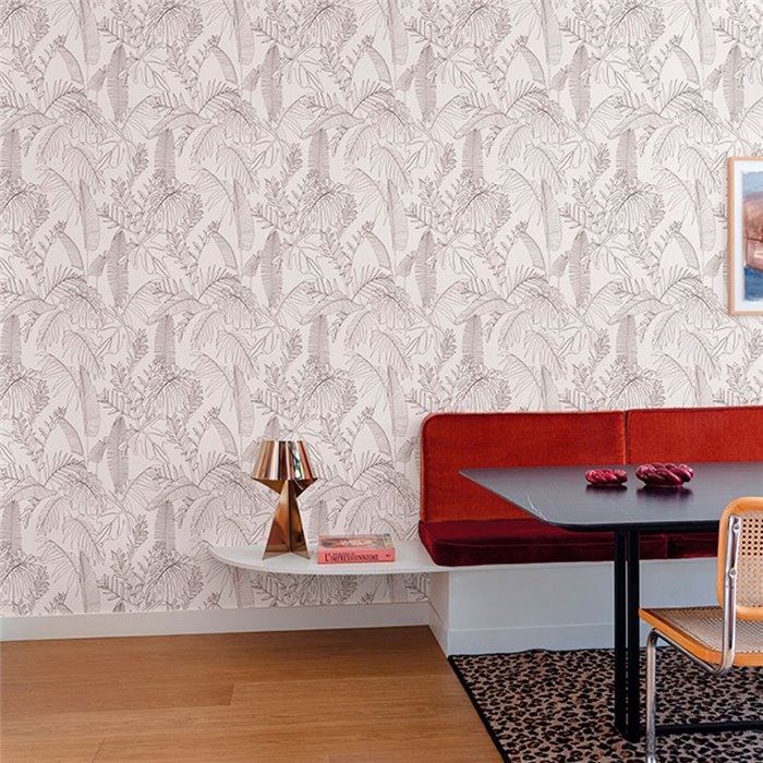 Grandeco|Tropical minimalist leaf floral white wallpaper|Wallpaper