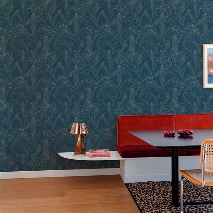 Grandeco|Tropische minimalistische Blattfloristik Blau Tapete|Tapeten