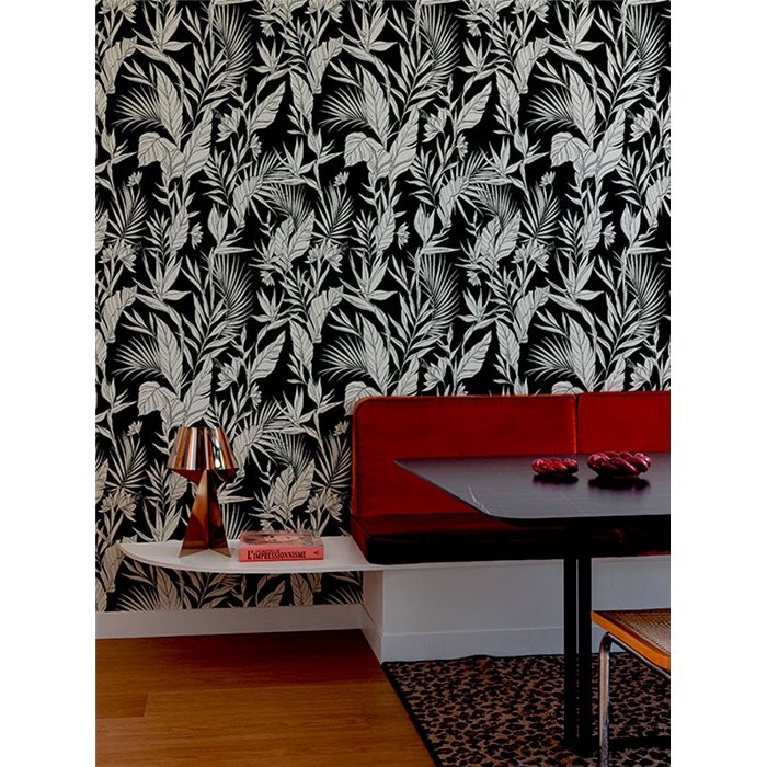 Grandeco|Papel pintado floral moderno hojas tropicales negro|Papel Pintado