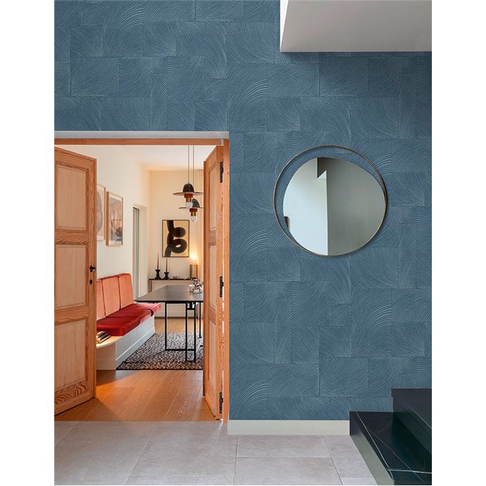 Grandeco|Papier peint motifs courbes en relief bleu|Papier Peint