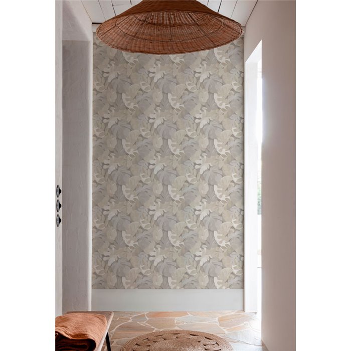 Grandeco|Floral monstera and ficus leaves gray-brown wallpaper|Wallpaper