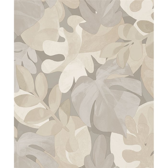 Grandeco|Papel pintado floral hojas monstera y ficus gris pardo|Papel Pintado