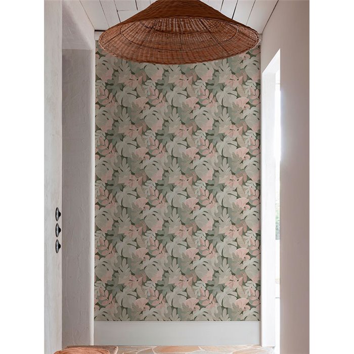 Grandeco|Florale Monstera und Ficusblätter Taupetapete|Tapeten