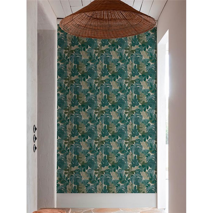 Grandeco|Florale Monstera und Ficusblätter Grüne Tapete|Tropische