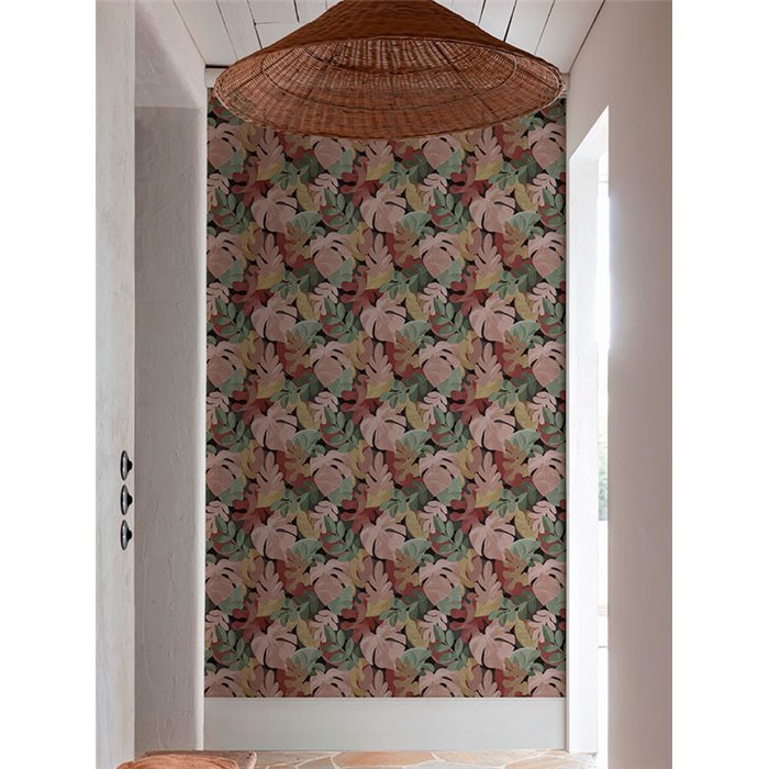 Grandeco|Floral monstera and ficus leaves multicolor wallpaper|Tropical