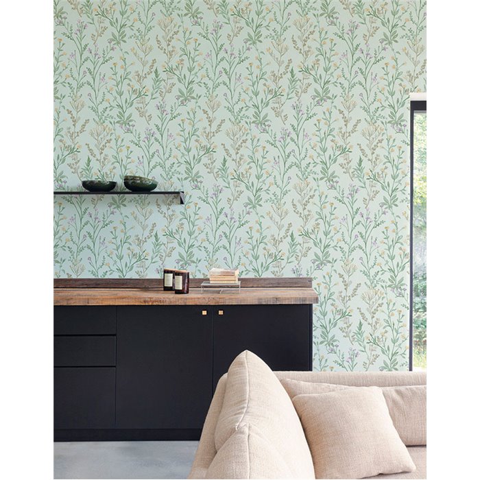 Papel pintado romántico flores pequeñas verde agua - Grandeco Perfect Harmony PH3206