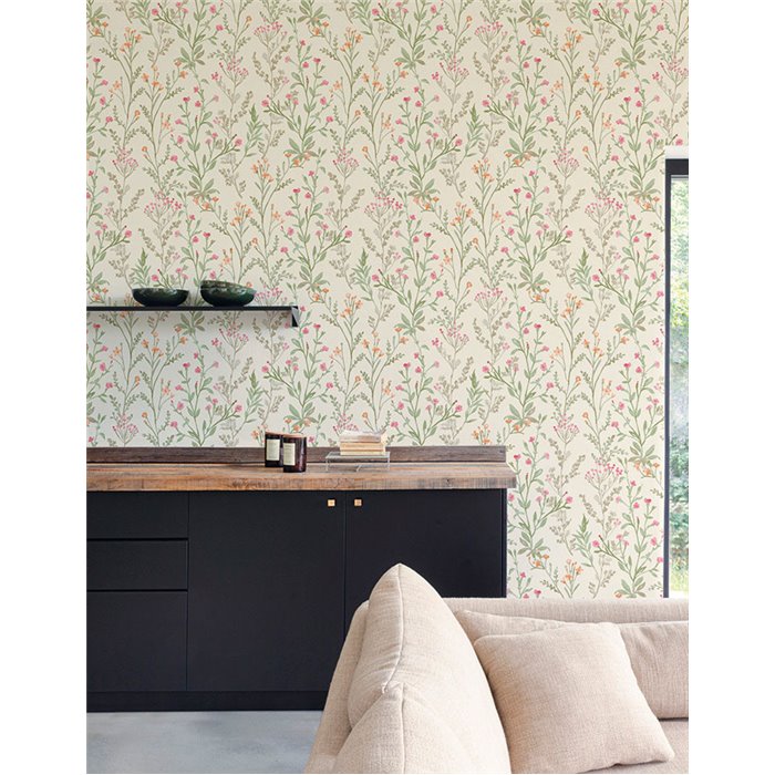 Grandeco|Papel pintado romántico flores pequeñas beige arena|Romántico