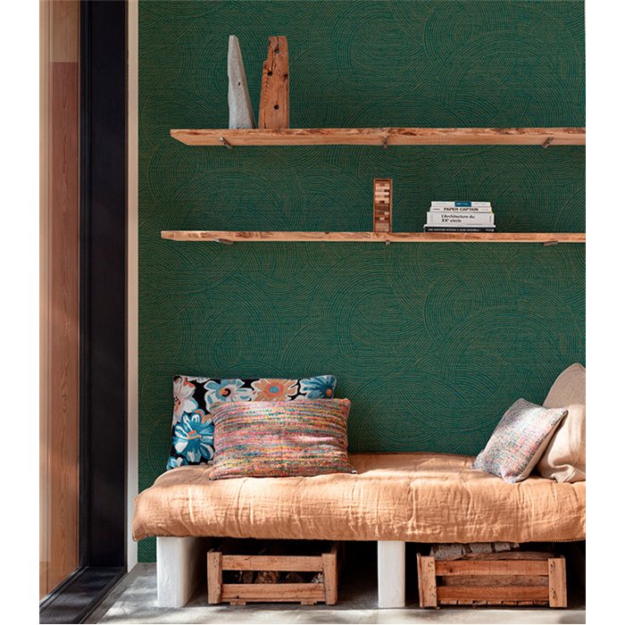 Grandeco|Papel pintado étnico moderno círculos verde y dorado|Papel Pintado