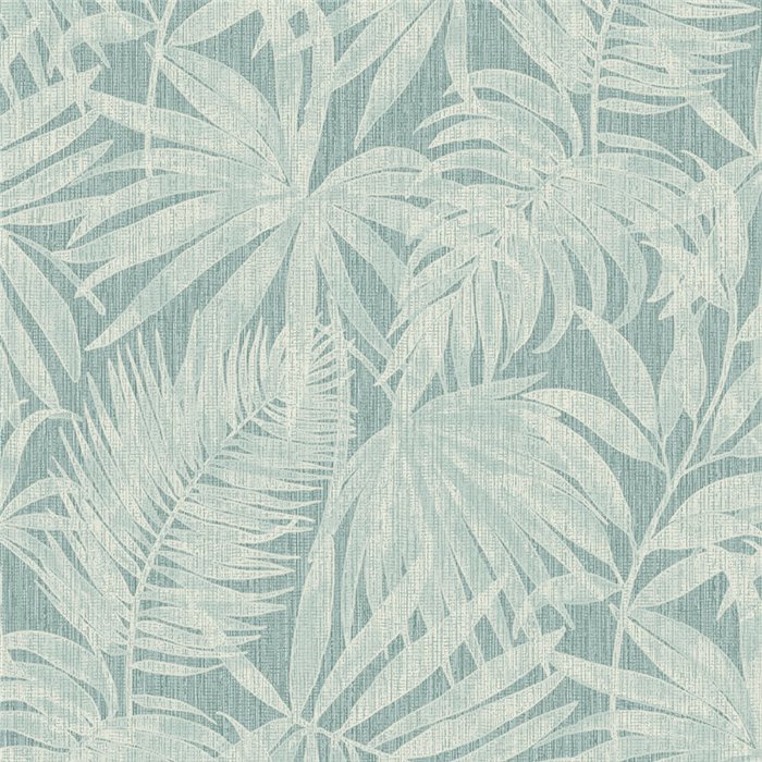 Grandeco|Papel pintado hojas de palmera color turquesa tropical|Tropical