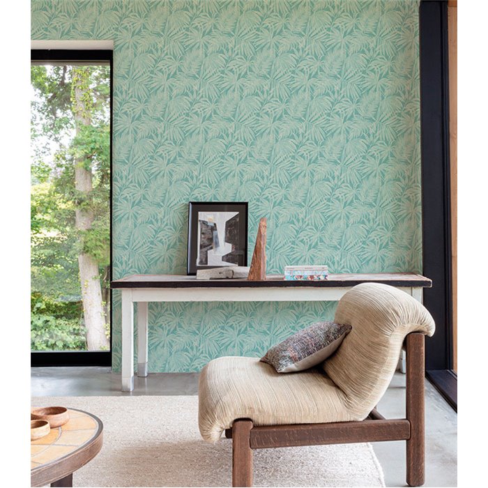 Grandeco|Papier peint feuilles de palmier couleur turquoise tropical|Tropical