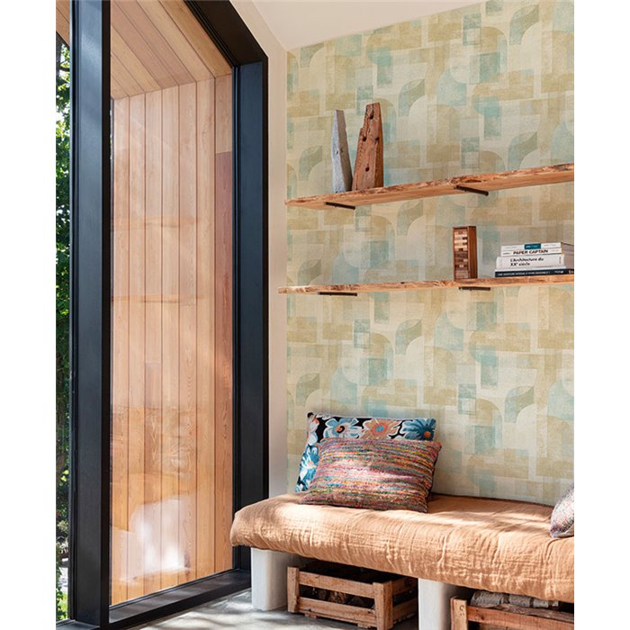Grandeco|Papier peint moderne géométrique beige et turquoise|Géométrique