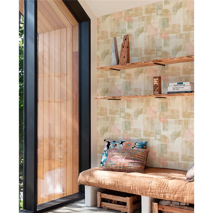 Grandeco|Papel pintado geométrico moderno caqui y rosa|Geométrico