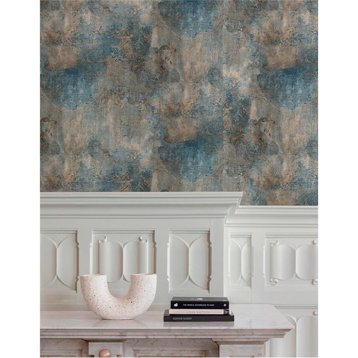 Grandeco|Betonimitation mit blauen Schalen Tapete|Industriell