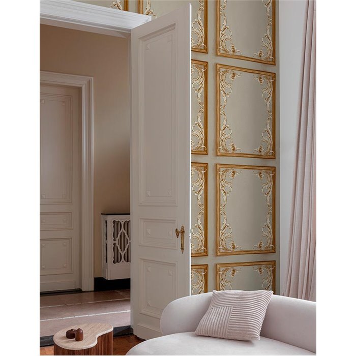 Grandeco|Baroque classic panel gray and gold wallpaper|Wallpaper