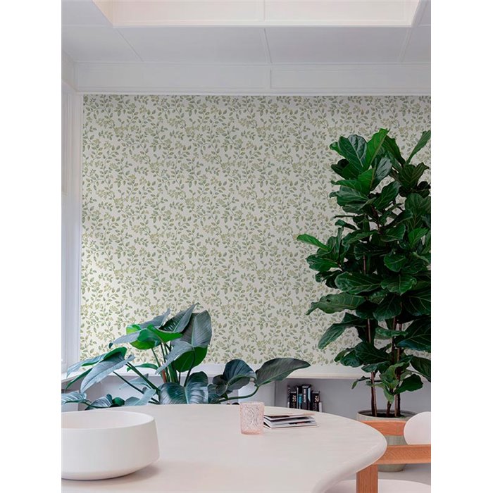 Papel pintado romántico: flores pequeñas blanco y verde - Grandeco Icon IC3014