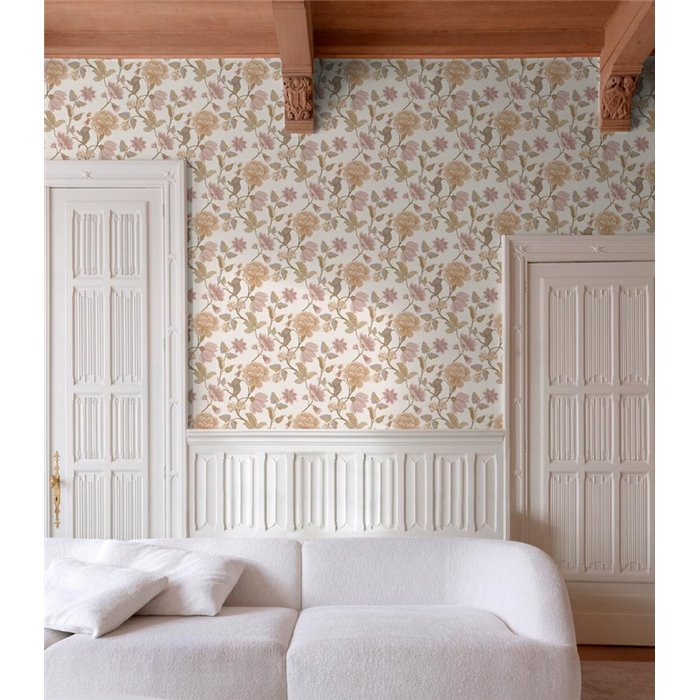 Grandeco|Papel pintado romántico flores grandes blanco y malva|Floral