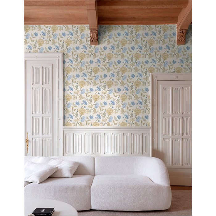 Papel pintado romántico flores grandes blanco y azul - Grandeco Icon IC3102