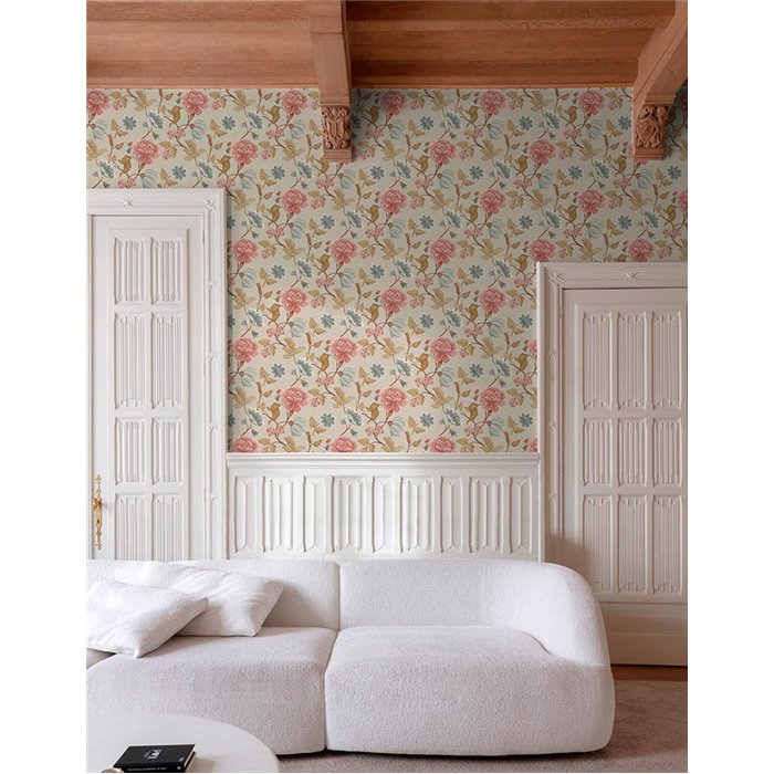 Grandeco|Papier peint romantique : très grandes fleurs taupe et roses|Floral
