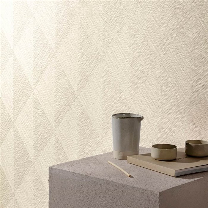 Grandeco|Geometric diamond pattern white wallpaper|Raffia Imitation