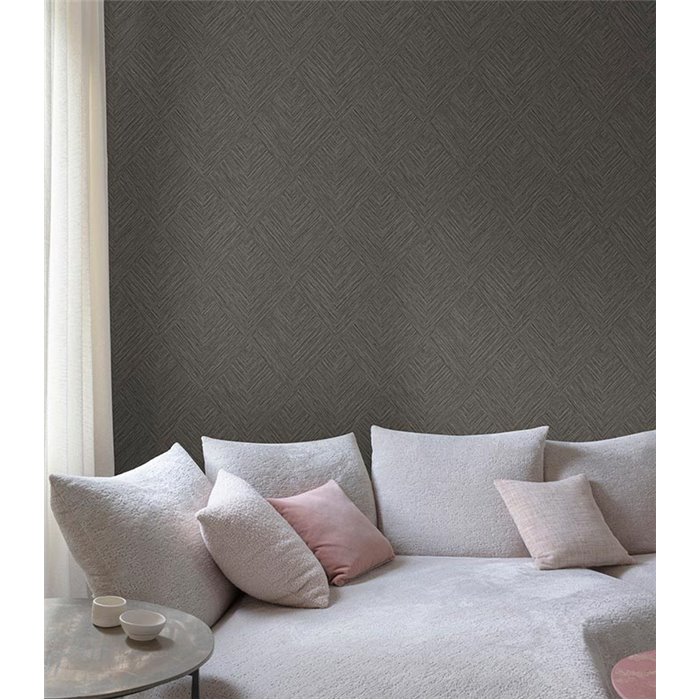 Grandeco|Geometrisches Raute-Muster Tapete Schwarz|Raffiaimitation