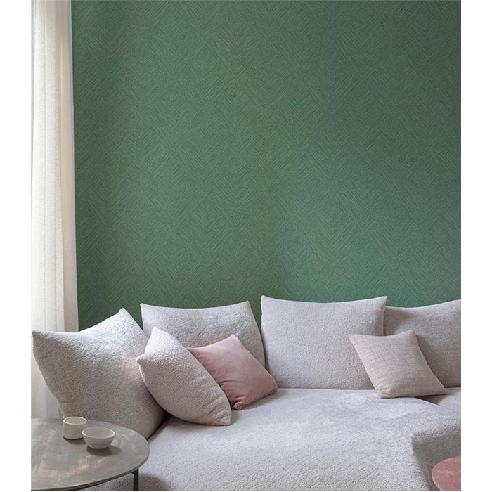 Grandeco|Papier peint motif losange géométrique vert|Imitation Raphia