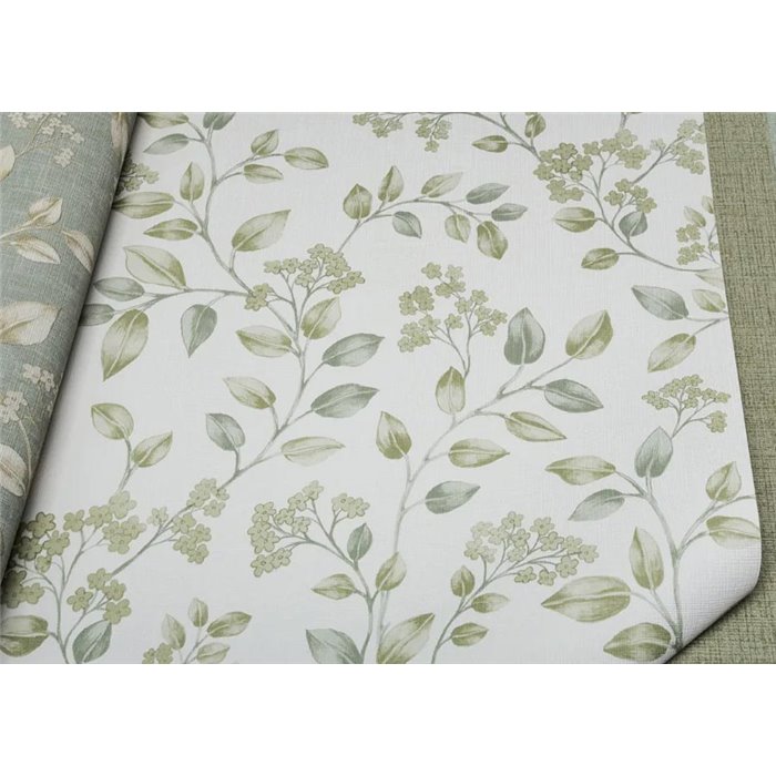 Papel pintado romántico: flores pequeñas blanco y verde - Grandeco Icon IC3014