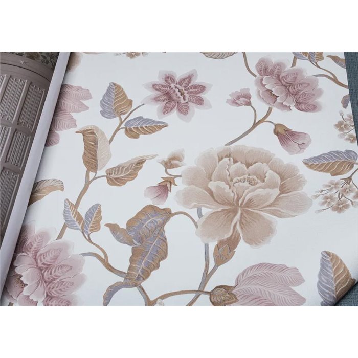 Grandeco|Papel pintado romántico flores grandes blanco y malva|Floral