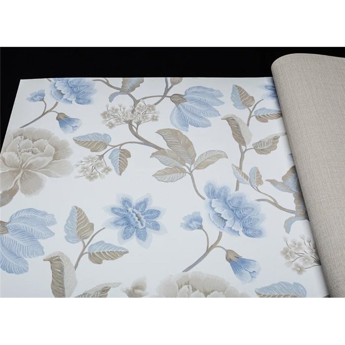 Grandeco|Romantic large-flower wallpaper white and blue|Floral