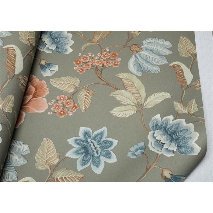 Grandeco|Papel pintado romántico flores grandes verde|Floral