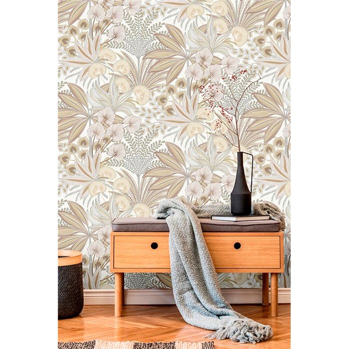 Grandeco|Papel pintado floral moderno flores tropicales beige|Floral