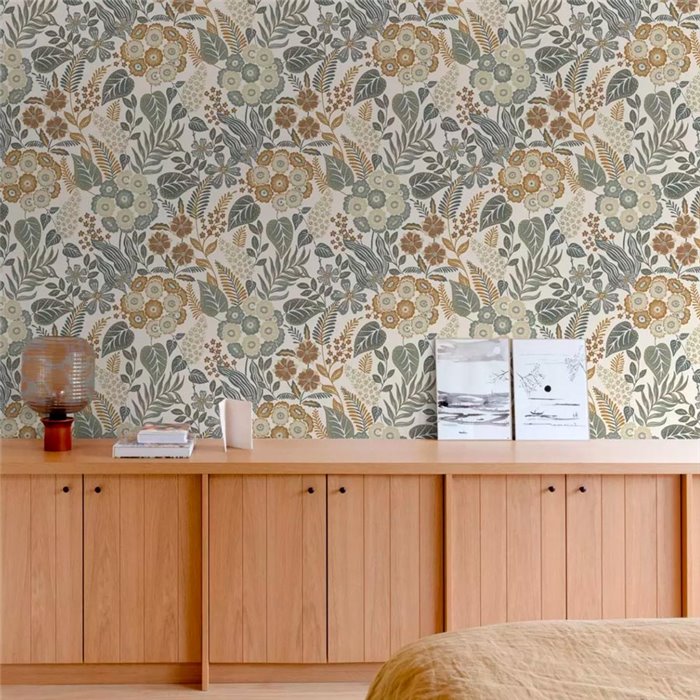 Papel pintado floral boho blanco y verde - Grandeco Karuna A76601