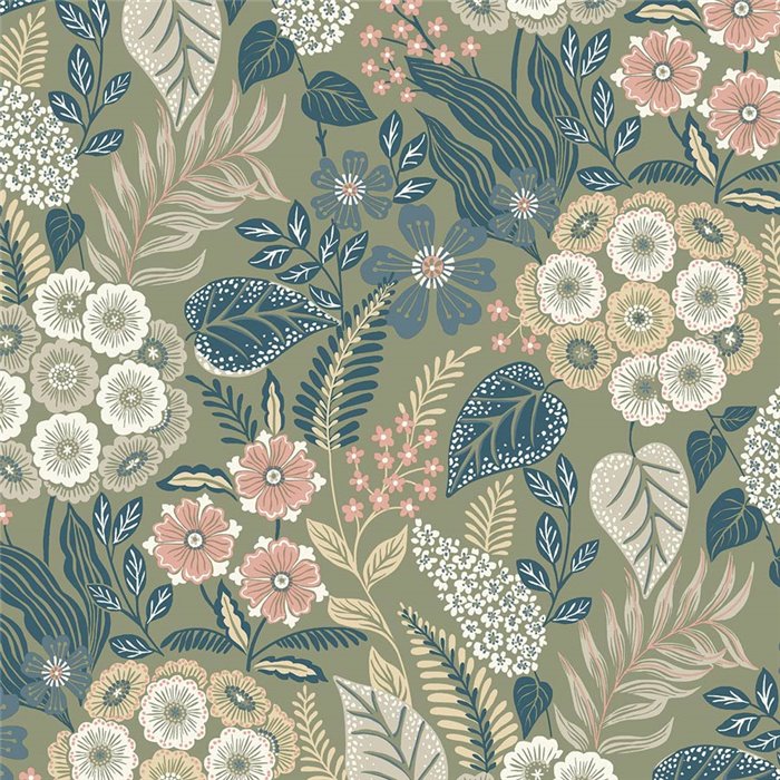 Papel pintado floral boho verde - Grandeco Karuna A76603