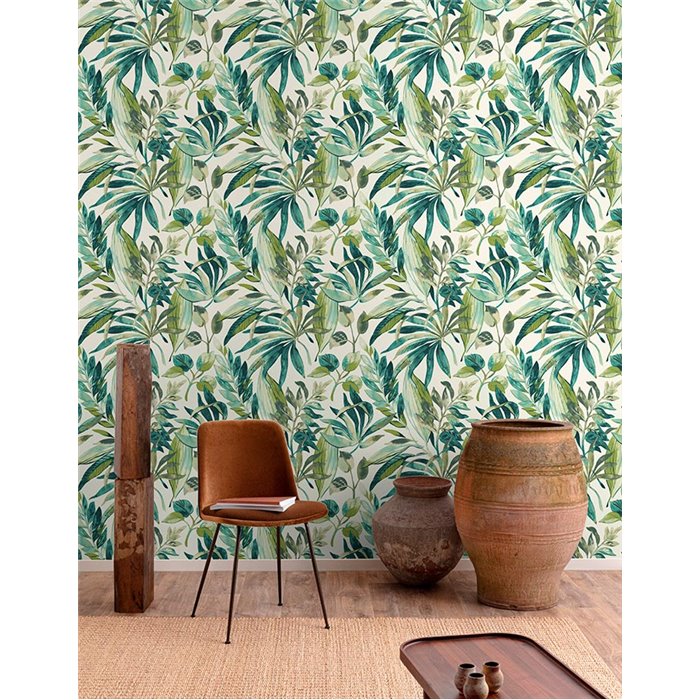Grandeco|Papel pintado flores tropicales acuarela verde|Tropical