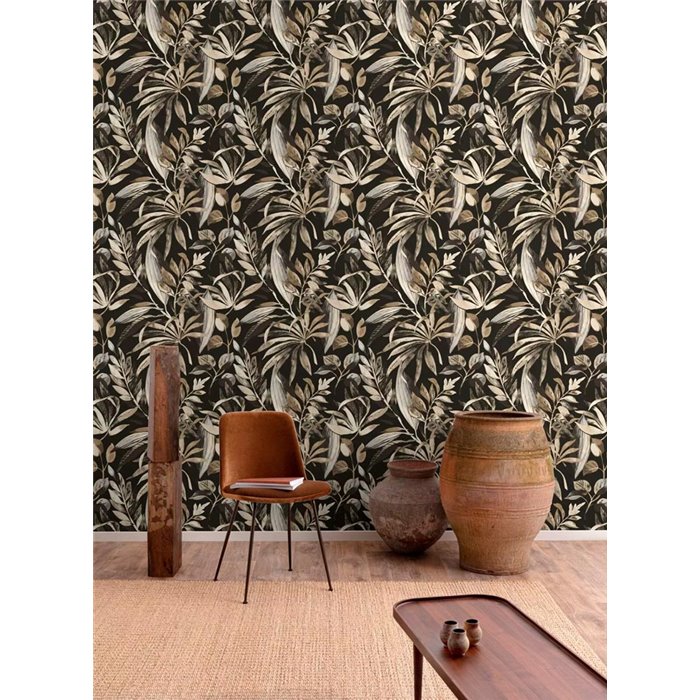 Grandeco|Papier peint fleurs tropicales aquarelle noir et sépia|Tropical