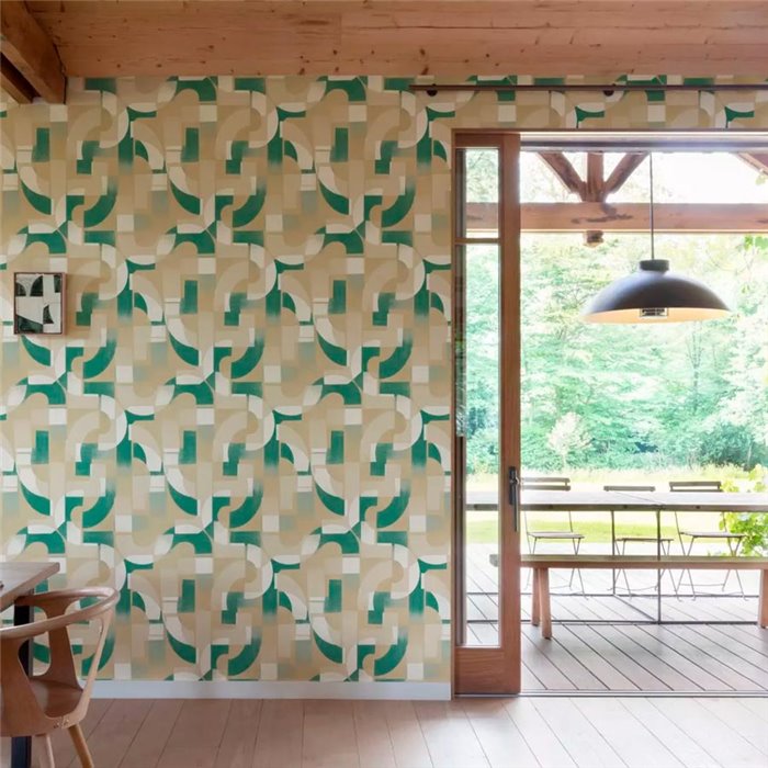 Grandeco|Papier peint Art Déco géométrique beige et vert|Géométrique